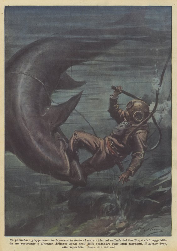 A Japanese diver, working at the bottom of the sea near a Pacific island by Achille Beltrame