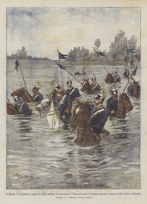 A Platoon of Cavalry in War Gear Crossing the Ticino Near by Achille Beltrame