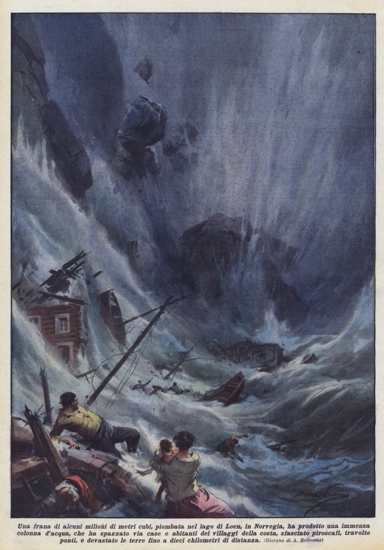 A landslide of several million cubic meters, plunging into Lake Loen in Norway, produced a by Achille Beltrame