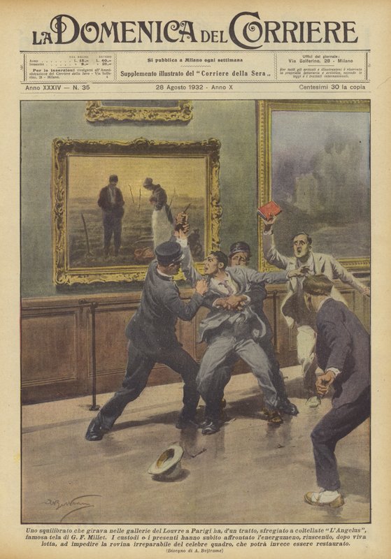 A Madman Wandering in the Galleries of the Louvre in Paris Suddenly... by Achille Beltrame