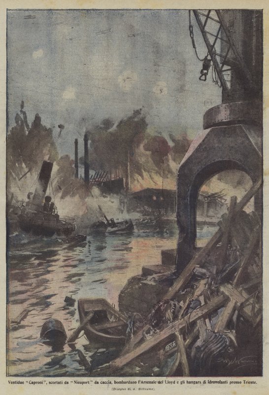 Twenty-two Capronis, escorted by Nieuport fighters, bomb the Lloyd Arsenal and the hangars by Achille Beltrame
