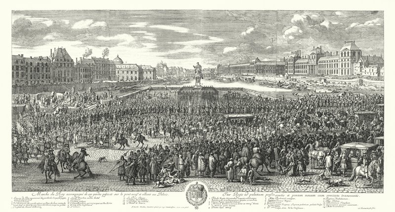 Louis XIV of France and His Guard Crossing the Pont-Neuf in Paris on Their Way to the Palais du Louvre (engraving) by Adam Frans van der Meulen