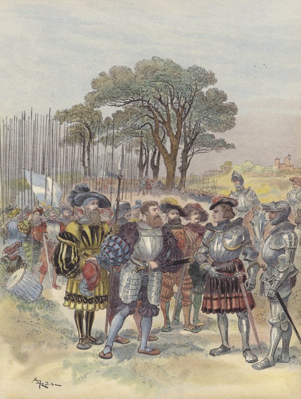 At the Camp of Bicocca, the Swiss Demand Pay, Leave, or Battle by Albert Robida