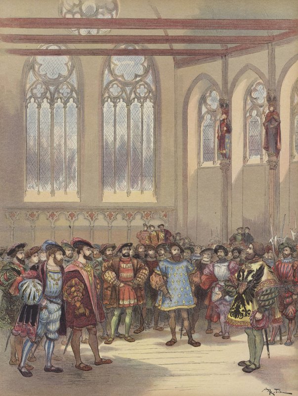 The Herald of Burgundy, Sent by Charles V, is Received by Francis I in the Great Hall of the Parliament by Albert Robida