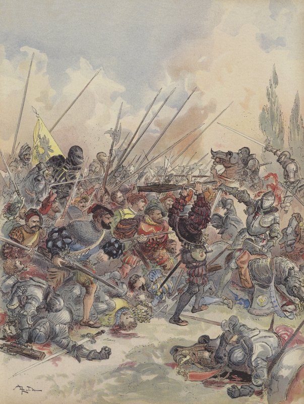 The King at Pavia, Falls from Horse, Injured, Fights Against the Swarm of Assailants Surrounding Him by Albert Robida