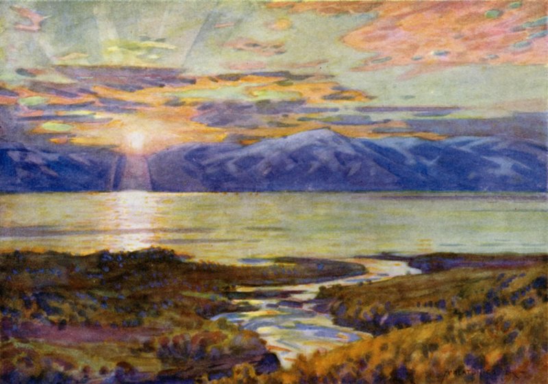 Midnight Sun over Lake Torne Trask, from Abisko by Alfred Heaton Cooper