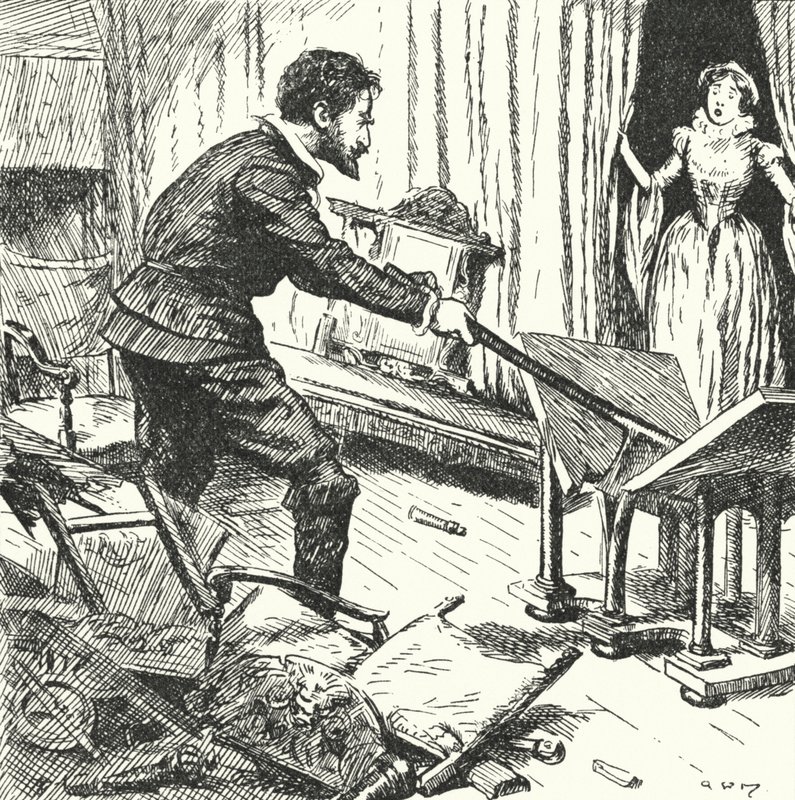 The wife of French potter Bernard Palissy looking on in horror as he smashes up their furniture to use as fuel for his furnaces by Alfred Wallis Mills