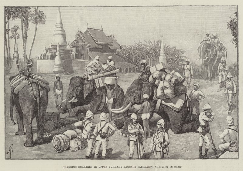Changing Quarters in Upper Burmah, Baggage Elephants Arriving in Camp by Amedee Forestier