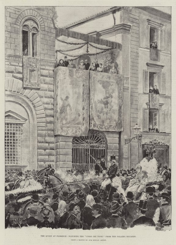 The Queen at Florence, Watching the Corso dei Fiori from the Palazzo Riccardi by Amedee Forestier