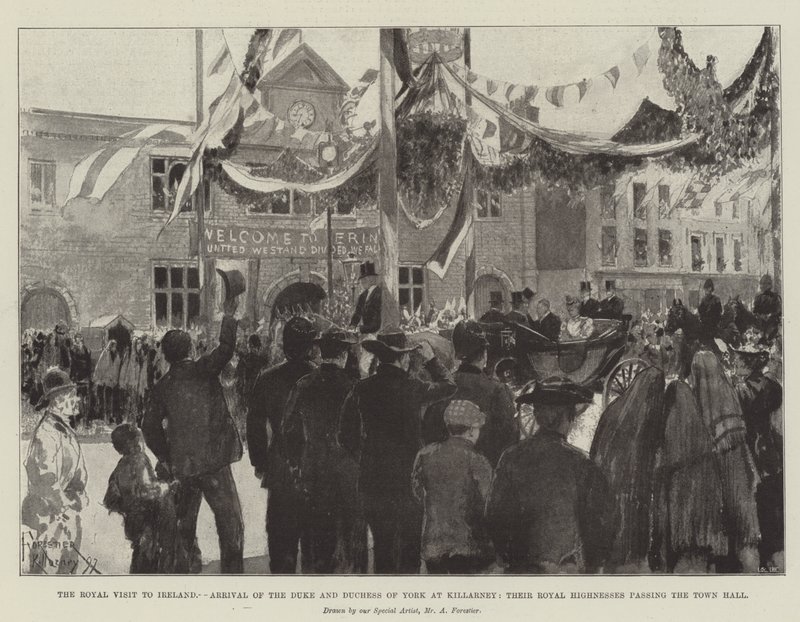 The Royal Visit to Ireland, Arrival of the Duke and Duchess of York at Killarney, Their Royal Highnesses Passing the Town Hall by Amedee Forestier