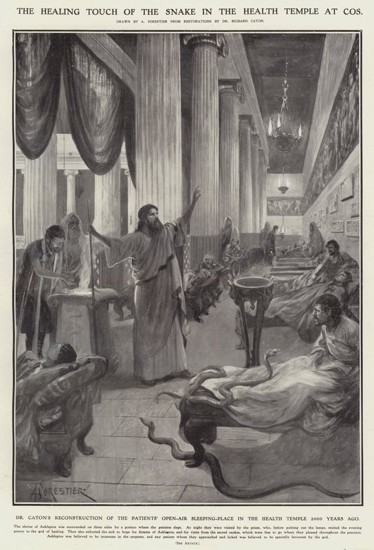 The healing touch of the snake in the health temple at Cos by Amedee (after) Forestier