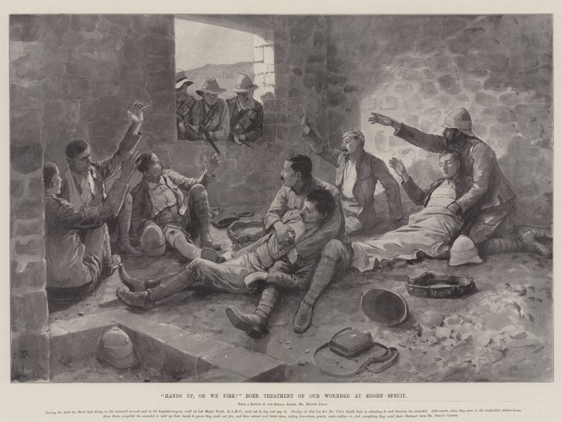 Hands up, or We fire! Boer Treatment of Our Wounded at Koorn Spruit by Amedee Forestier