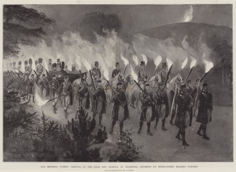 Our Imperial Guests, Arrival of the Czar and Czarina at Balmoral, Escorted by Highlanders Bearing Torches by Amedee Forestier
