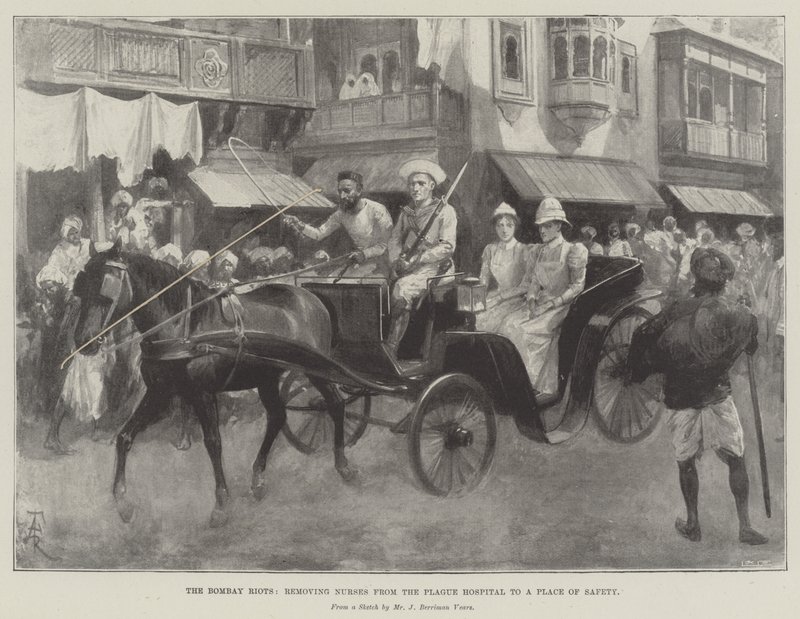 The Bombay Riots, removing Nurses from the Plague Hospital to a Place of Safety by Amedee Forestier