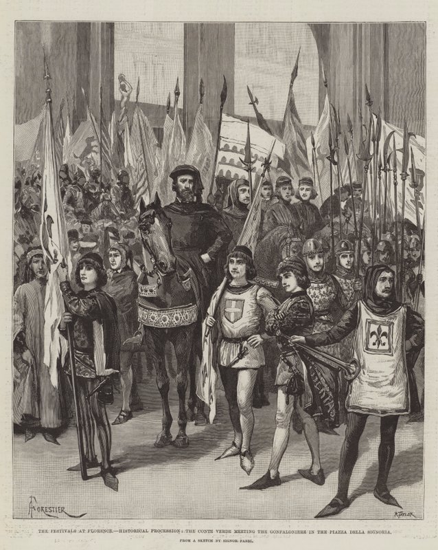 The Festivals at Florence, Historical Procession, the Conte Verde meeting the Gonfaloniere in the Piazza della Signoria by Amedee Forestier