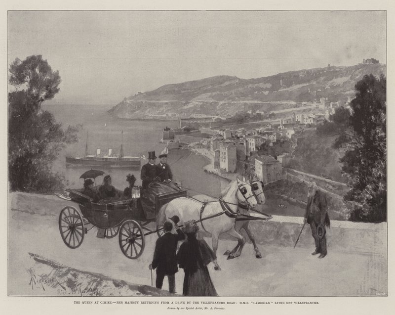The Queen at Cimiez, Her Majesty returning from a Drive by the Villefranche Road, HMS Cambrian lying off Villefranche by Amedee Forestier