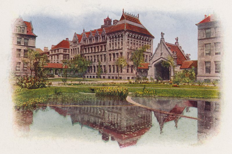 Chicago: Hull Court, from Botany Pond, Anatomy Building and Hull Gate by American Photographer
