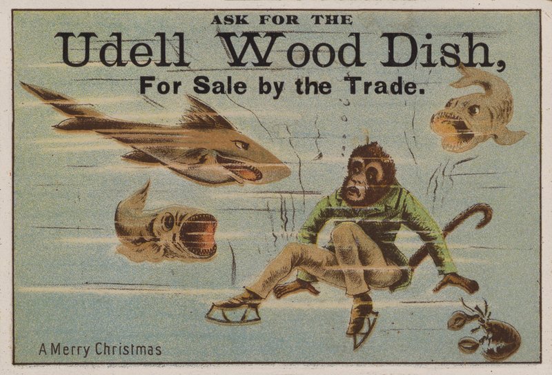 A Merry Christmas, Trade Card Advertising Udell Wood Dishes by American School