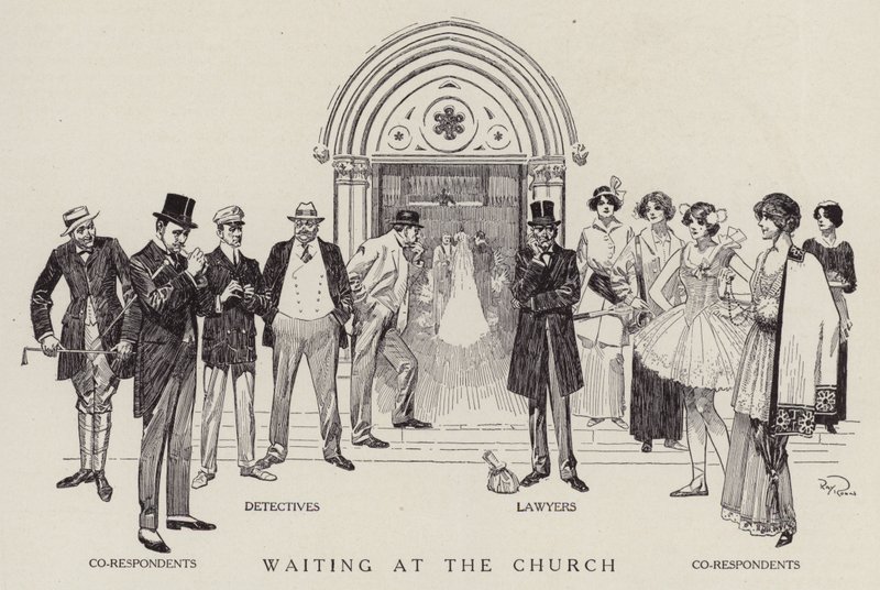 Detectives, Lawyers and Co-respondents Waiting for a Church Wedding to Finish by American School
