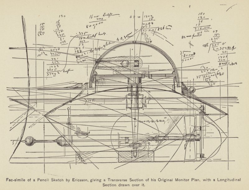Fac-simile of a Pencil Sketch by Ericsson, giving a Transverse Section of his Original Monitor (engraving) by American School