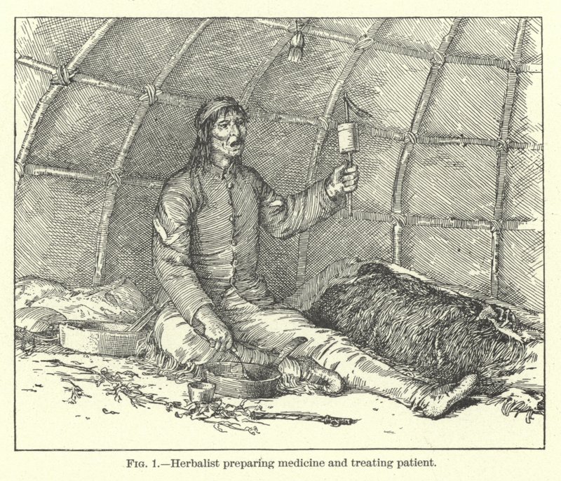 Herbalist Preparing Medicine and Treating Patient by American School