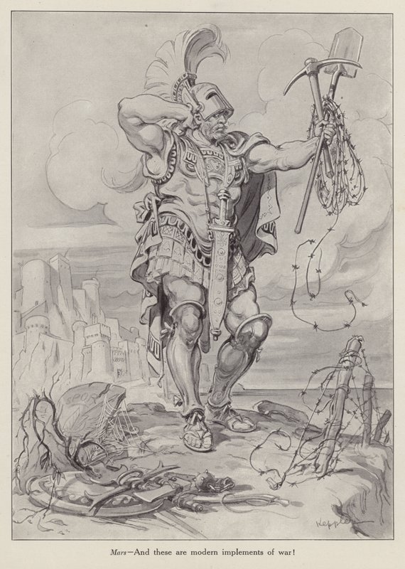 Mars, the Roman God of War Holding Shovels and Barbed Wire Used in Trench Warfare by American School