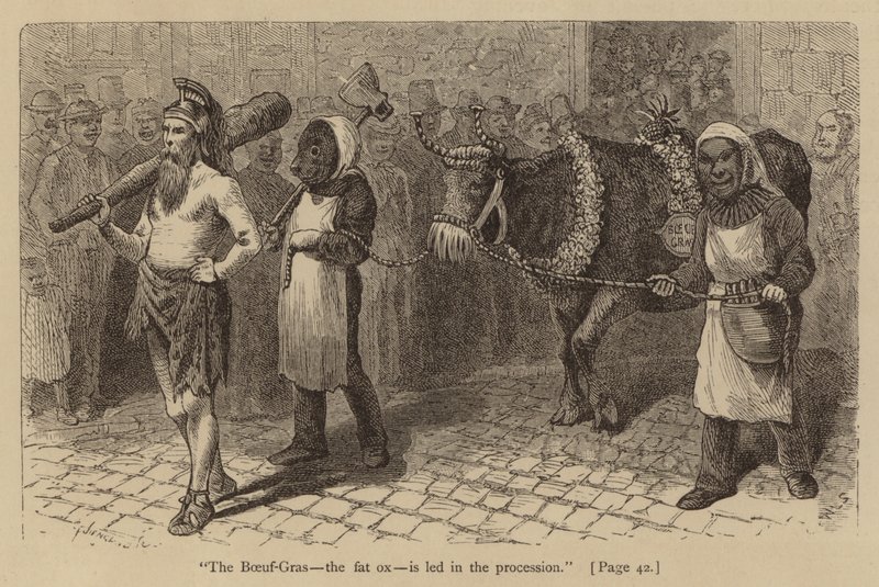 The Boeuf-Gras, the fat ox, is led in the procession by American School