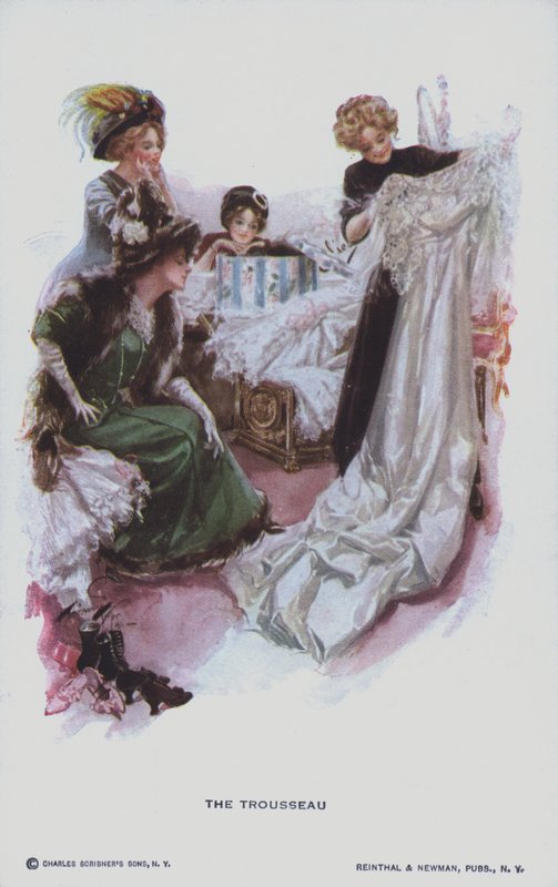 The Trousseau: A Bride-to-be Looking at a Wedding Dress by American School