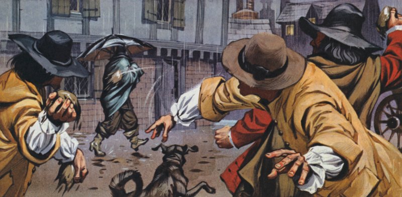 Angry coachmen threw earth at men with umbrellas by Angus McBride