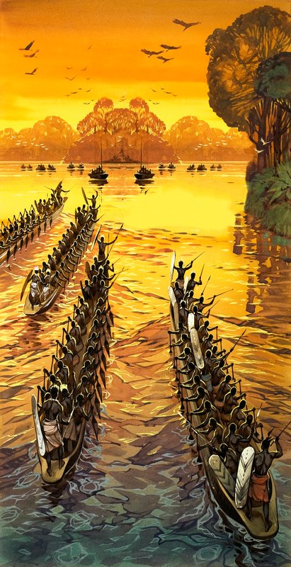 Henry Stanley, searching for Livingstone, had to face hostile tribes in war canoes by Angus McBride