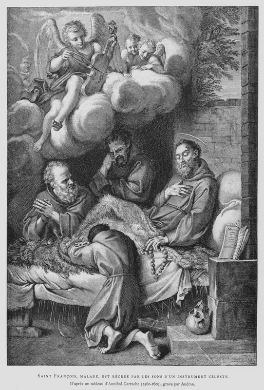 St Francis of Assisi, suffering from sickness, is healed by the sound of a heavenly instrument by Annibale (after) Carracci