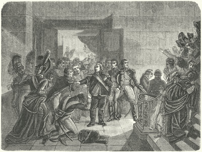 Louis XVIII leaving the Tuileries Palace after learning of Napoleon
