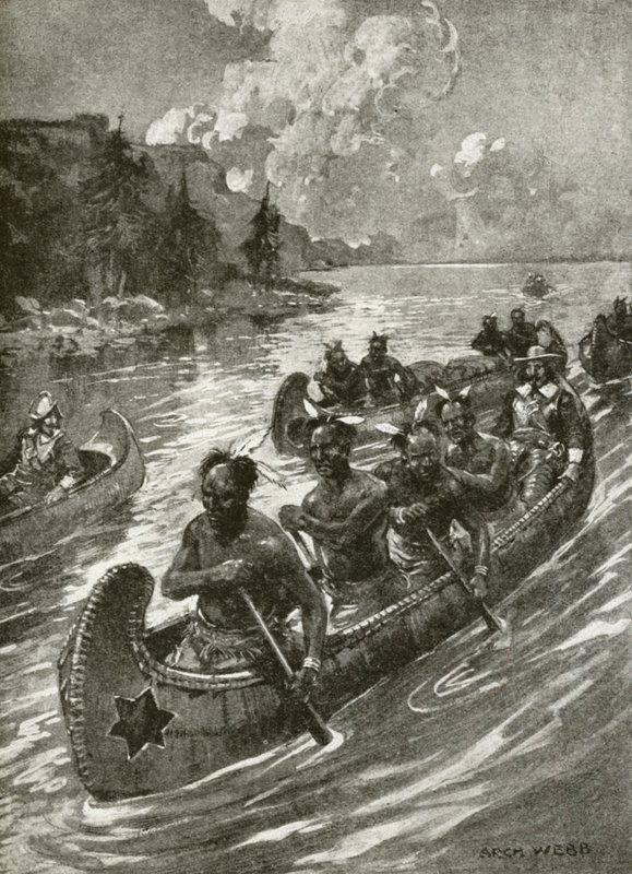 Samuel De Champlain in 1608 ascending the St Lawrence river in the canoes of friendly native American Indians by Archibald Bertram (after) Webb