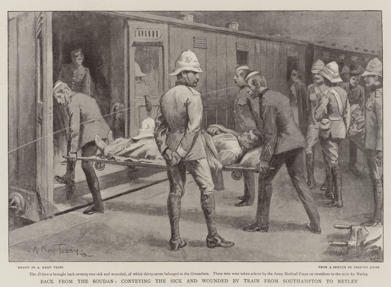 Back from the Sudan, Conveying the Sick and Wounded by Train from Southampton to Netley by Arthur Kemp Tebby