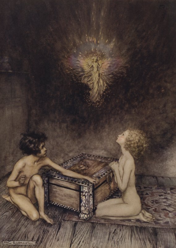 Pandora and Epimetheus, scene from A Wonder Book, by Nathaniel Hawthorne by Arthur (after) Rackham