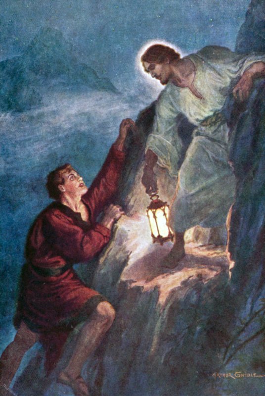 Young Man Climbing, Following the Light Held by Jesus Christ by Arthur Twidle