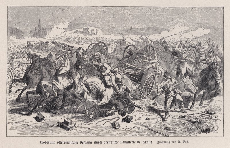Austrian guns captured by Prussian cavalry at the Battle of Skalitz, Bohemia, Austro-Prussian War by Augustus J. Beck