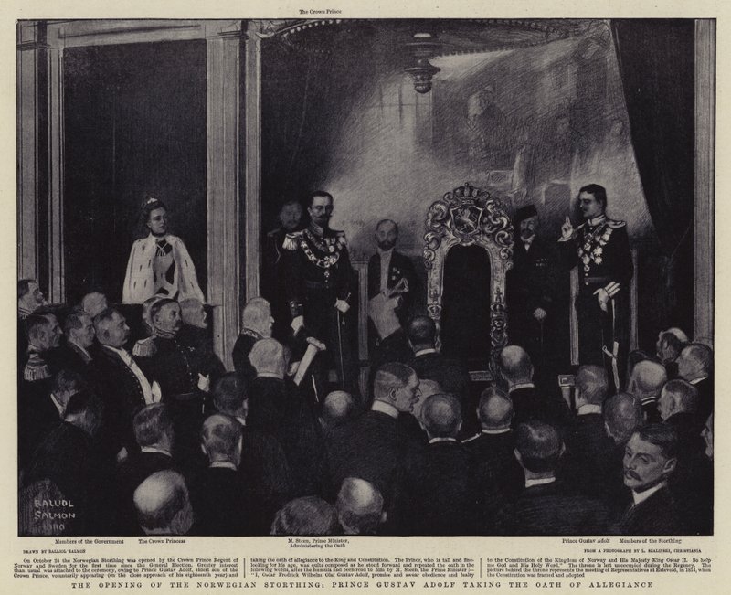The Opening of the Norwegian Storthing, Prince Gustav Adolf Taking the Oath of Allegiance by Balliol (after) Salmon