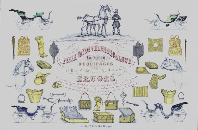 Advertisement for Felix Van de Velde-Decaluwe, manufacturers of horse-drawn carriages, Bruges, Belgium by Belgian School