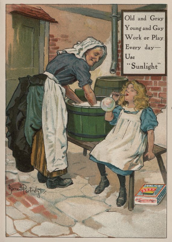 Young Girl Blowing Bubbles While Her Grandmother Does the Washing: Advertisement for Sunlight Soap by Bernard Partridge
