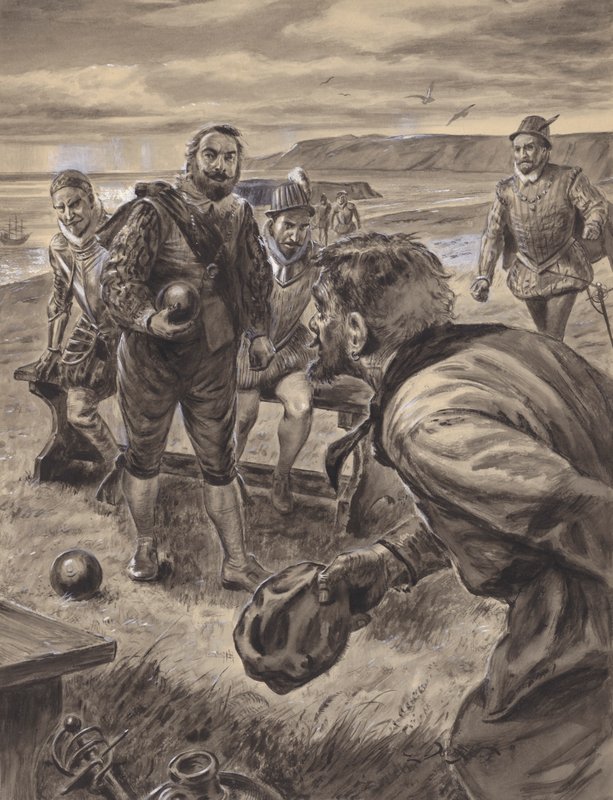 Sir Francis Drake playing bowls, receiving news of the Spanish Armada by C.L. Doughty