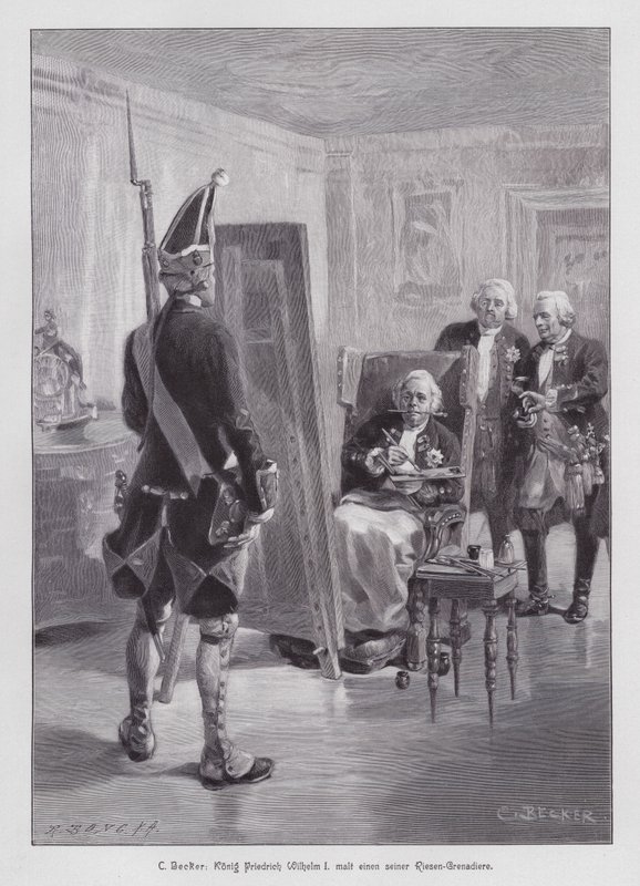 King Frederick William I of Prussia painting a grenadier of his Potsdamer Riesengarde (Giant Guard of Potsdam) by Carl Ludwig Friedrich (after) Becker