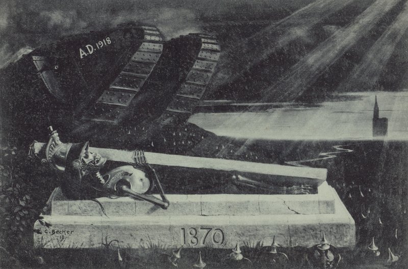A victorious First World War Allied tank passes by the tomb of a French cavalry soldier from the Franco-Prussian War by Carl Ludwig Friedrich Becker