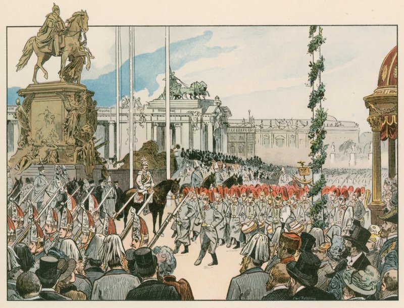 Wilhelm II at the dedication of the national monument in Berlin in 1897 by Carl Rohling