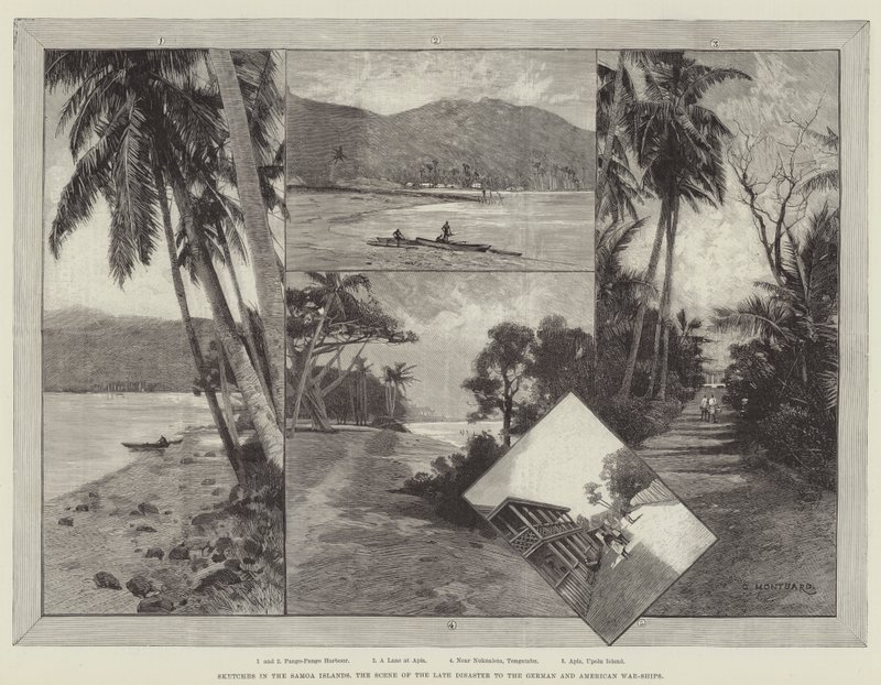 Sketches in the Samoa Islands, the Scene of the late Disaster to the German and American War-Ships by Charles Auguste Loye