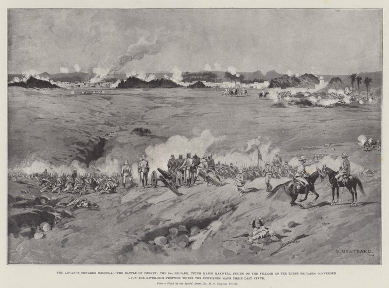 The Advance towards Dongola, the Battle of Ferket, the 3rd Brigade, under Major Maxwell, firing on the Village as the Three Brigades converged upon the River-Side Position where the Dervishes made the by Charles Auguste Loye