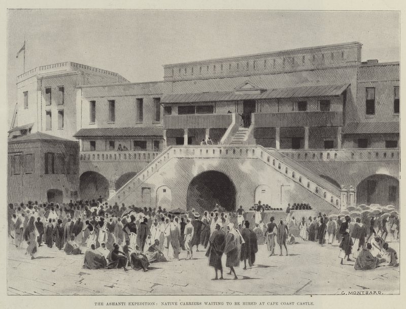 The Ashanti Expedition, Native Carriers waiting to be hired at Cape Coast Castle by Charles Auguste Loye