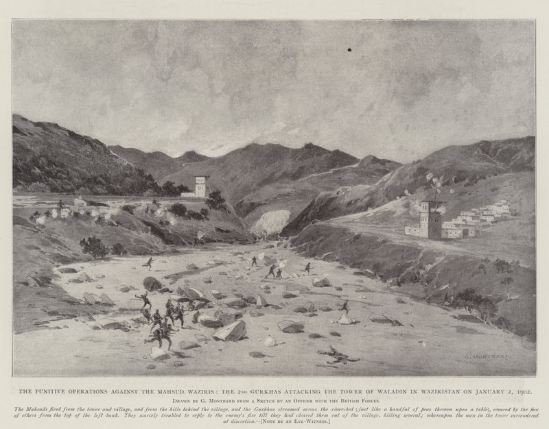 The Punitive Operations against the Mahsud Waziris, the 2nd Gurkhas Attacking the Tower of Waladin in Waziristan on 2 January 1902 by Charles Auguste Loye