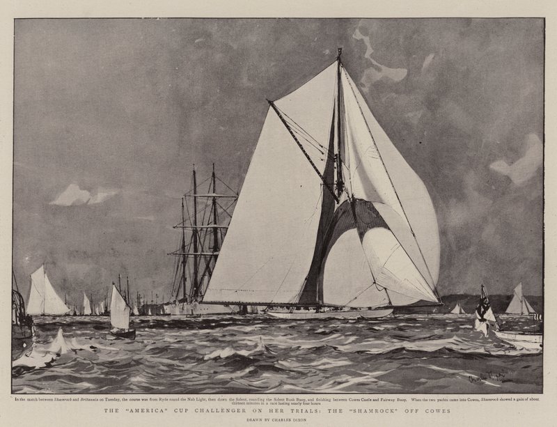 The America Cup Challenger on her Trials, the Shamrock off Cowes by Charles Edward Dixon