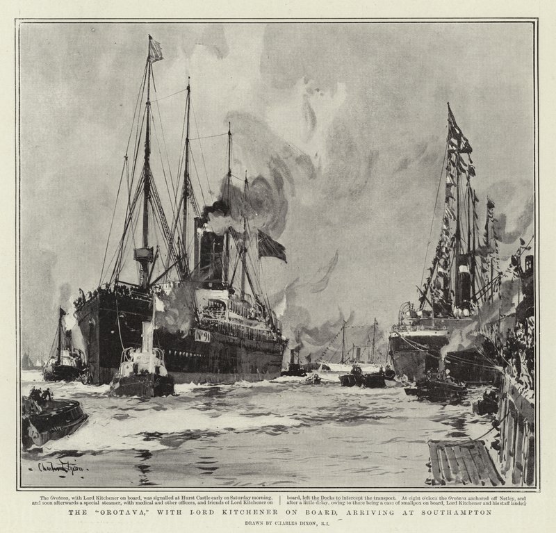 The Orotava, with Lord Kitchener on Board, arriving at Southampton by Charles Edward Dixon